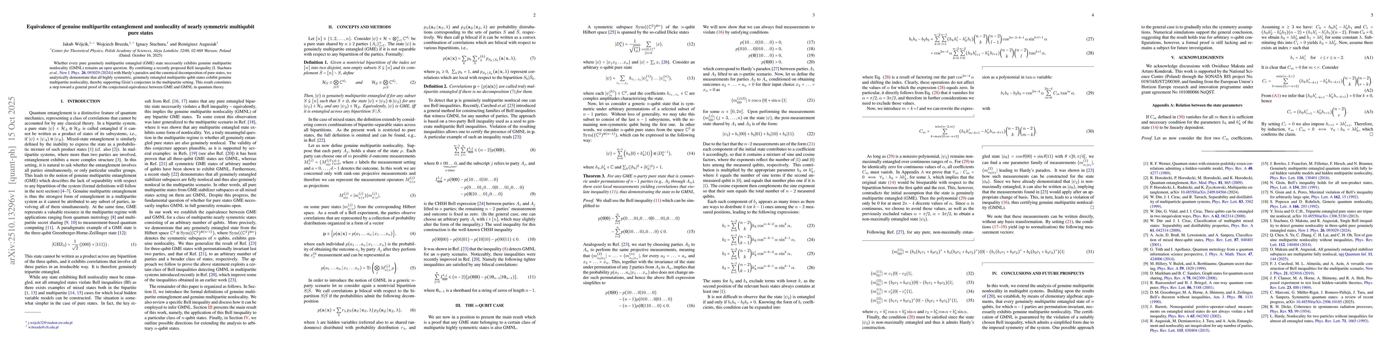 Thumbnail for Equivalence of Genuine Multipartite Entanglement and Nonlocality of
  Nearly Symmetric Multiqubit Pure States