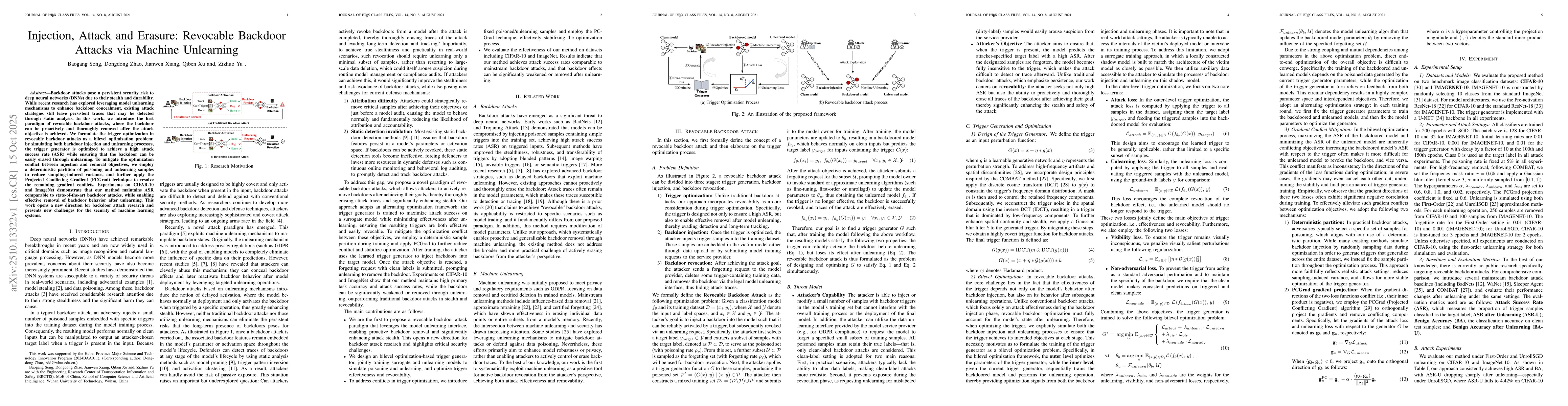Thumbnail for Injection, Attack and Erasure: Revocable Backdoor Attacks via Machine
  Unlearning