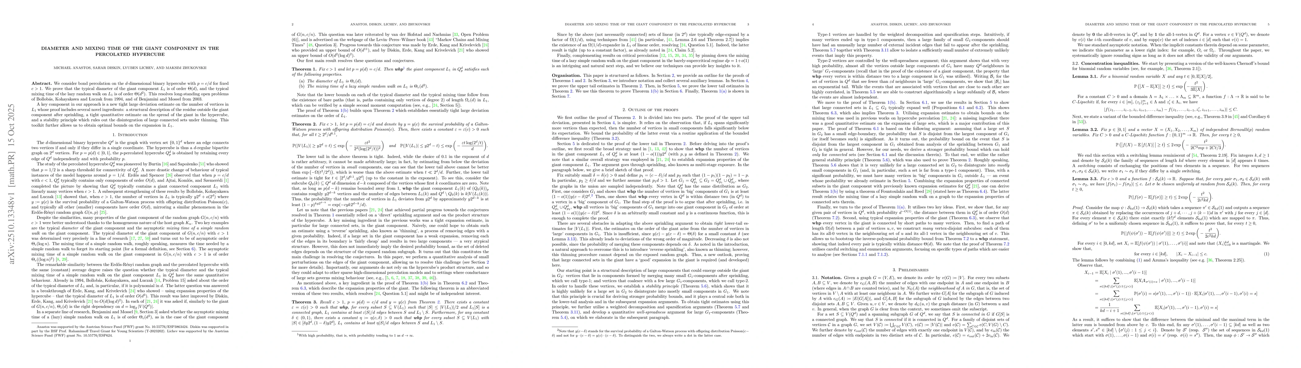 Thumbnail for Diameter and mixing time of the giant component in the percolated
  hypercube