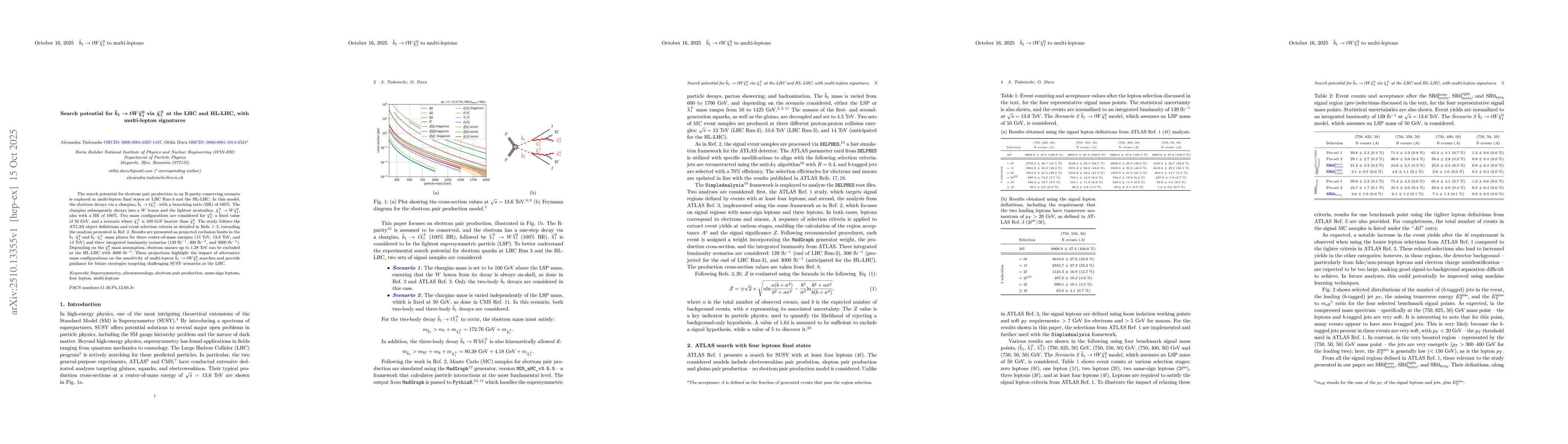 Thumbnail for Search potential for $\tilde{b}_{1} \rightarrow t W
  \tildeχ_{1}^{0}$ via $\tildeχ^{\pm}_{1}$ at the LHC and HL-LHC,
  with multi-lepton signatures