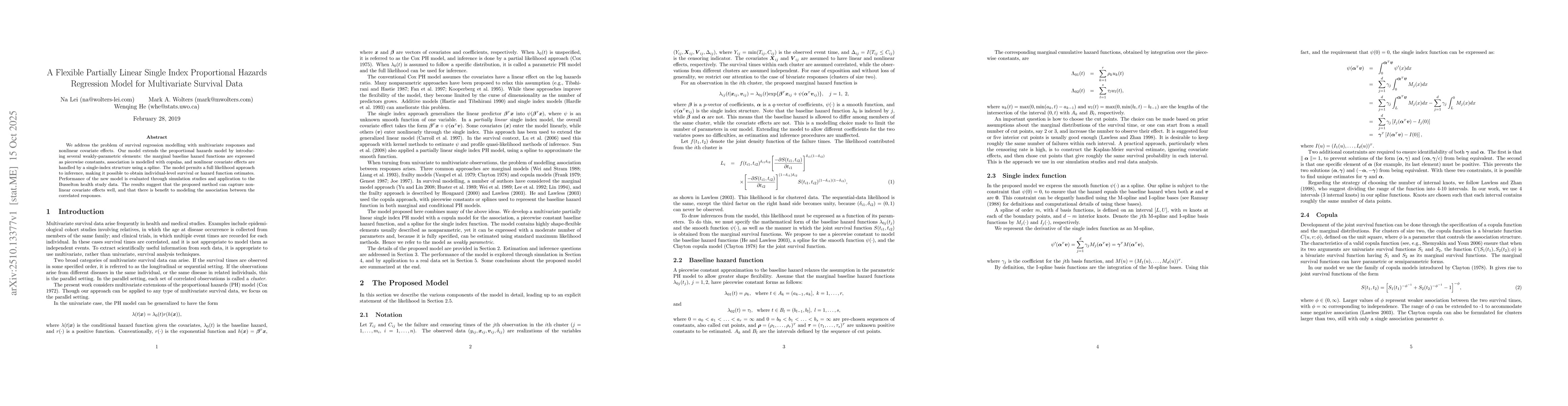Thumbnail for A Flexible Partially Linear Single Index Proportional Hazards Regression
  Model for Multivariate Survival Data