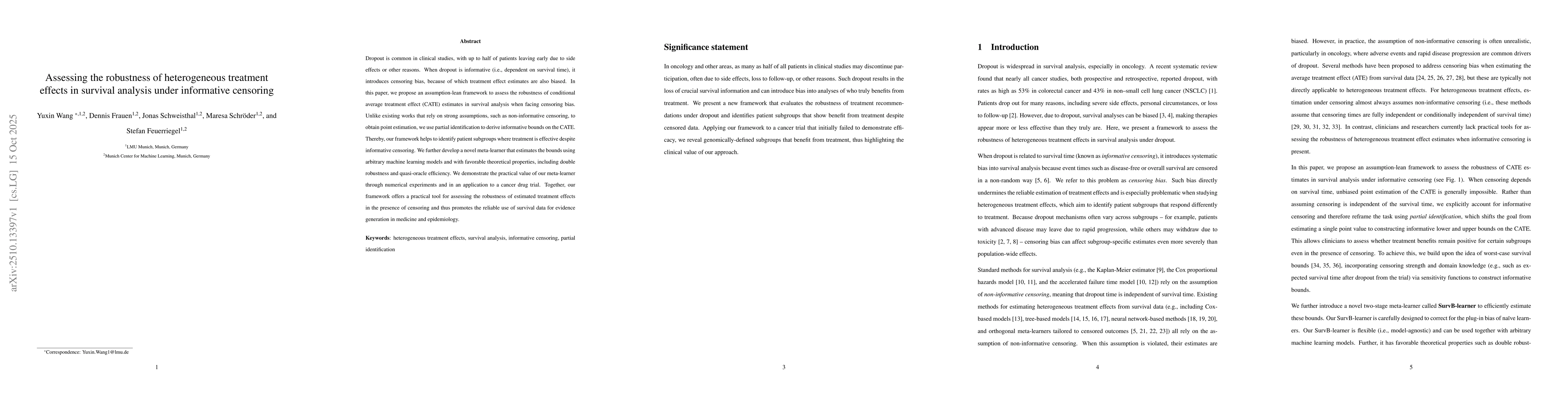 Thumbnail for Assessing the robustness of heterogeneous treatment effects in survival
  analysis under informative censoring