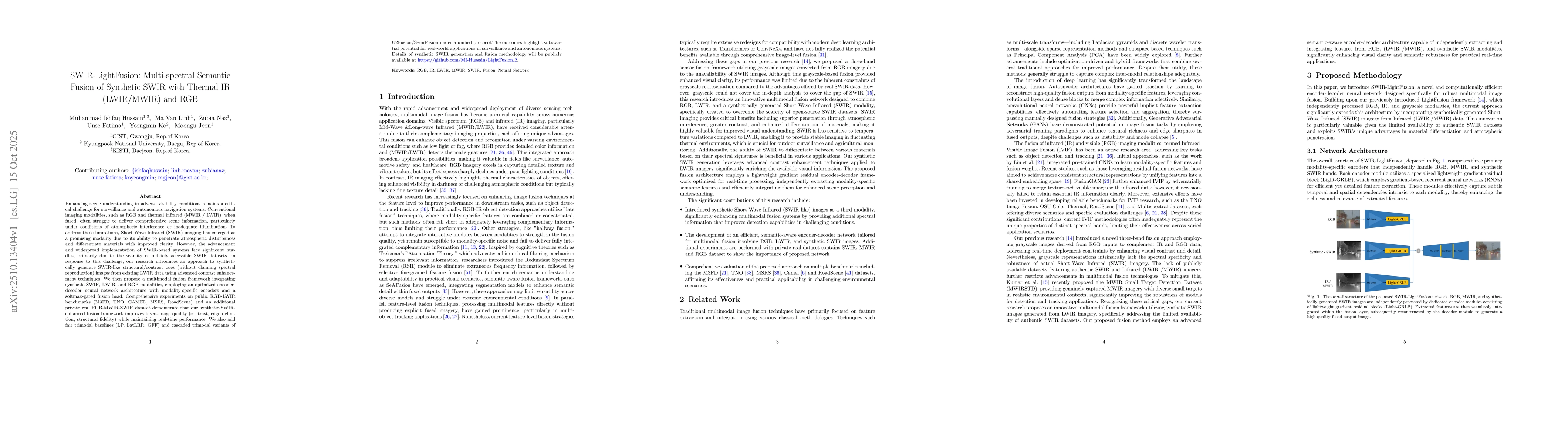 Thumbnail for SWIR-LightFusion: Multi-spectral Semantic Fusion of Synthetic SWIR with
  {Thermal} IR {(LWIR/MWIR)} and RGB