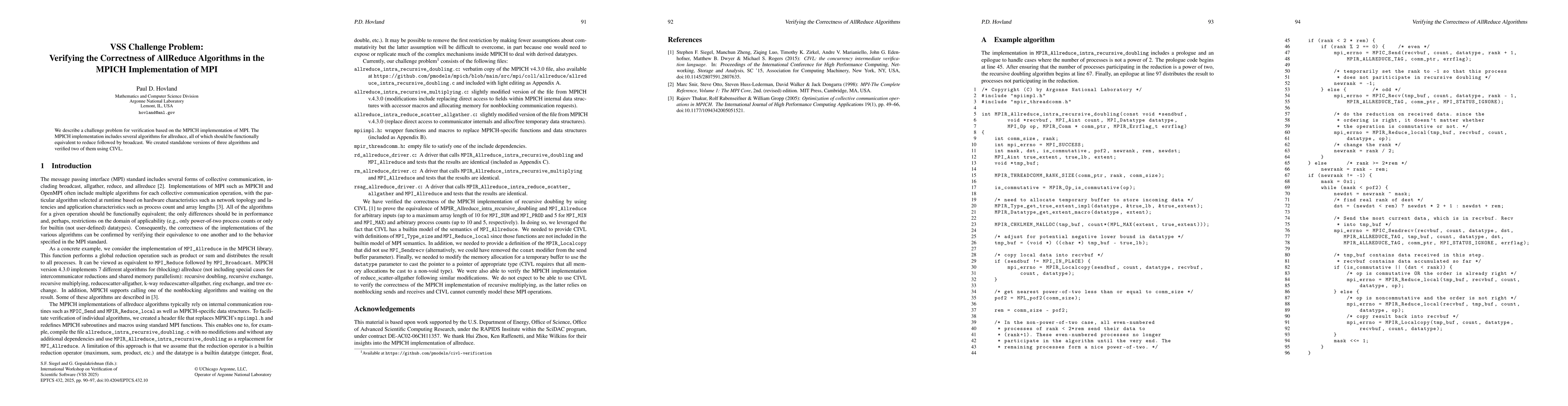 Thumbnail for VSS Challenge Problem: Verifying the Correctness of AllReduce Algorithms
  in the MPICH Implementation of MPI
