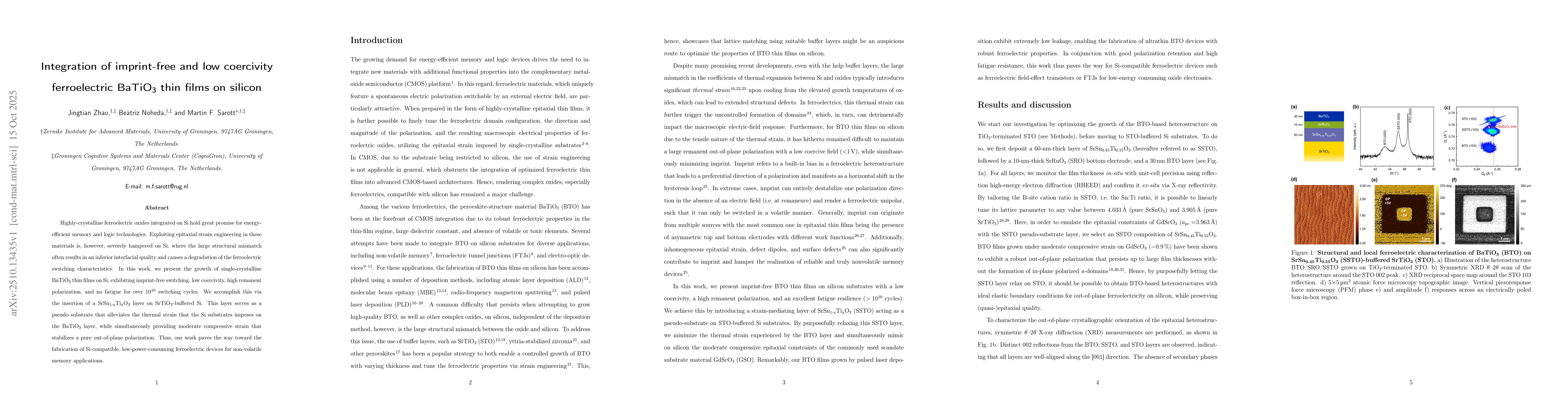 Thumbnail for Integration of imprint-free and low coercivity ferroelectric BaTiO3 thin
  films on silicon