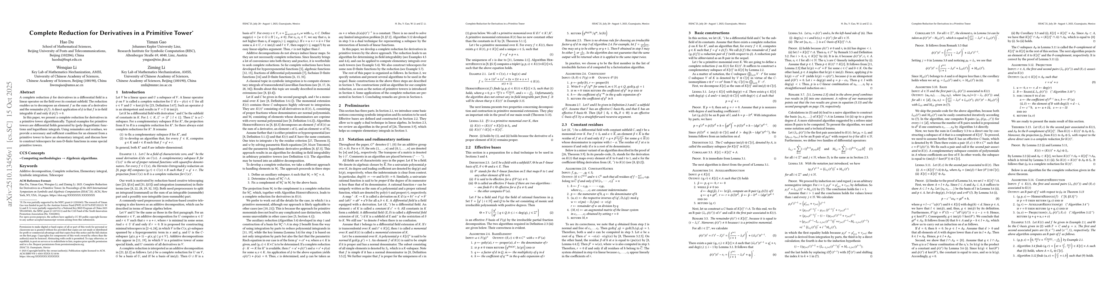 Thumbnail for Complete Reduction for Derivatives in a Primitive Tower