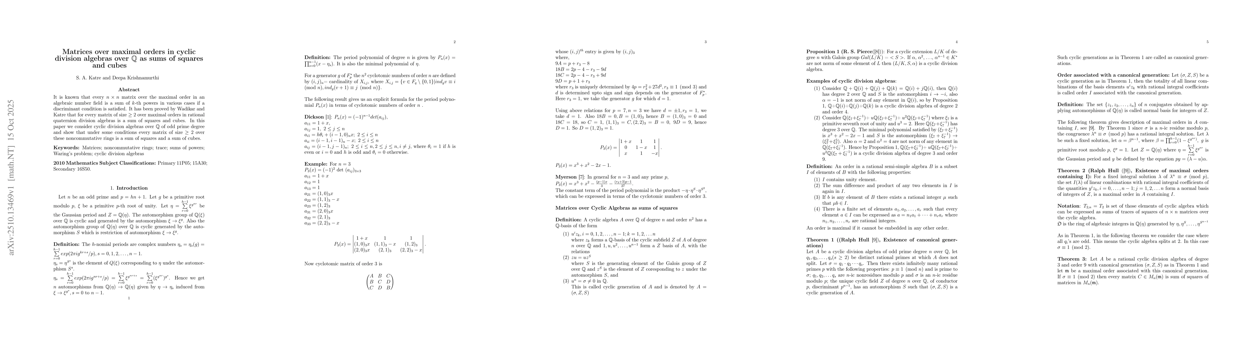 Thumbnail for Matrices over maximal orders in cyclic division algebras over Q as sums
  of squares and cubes