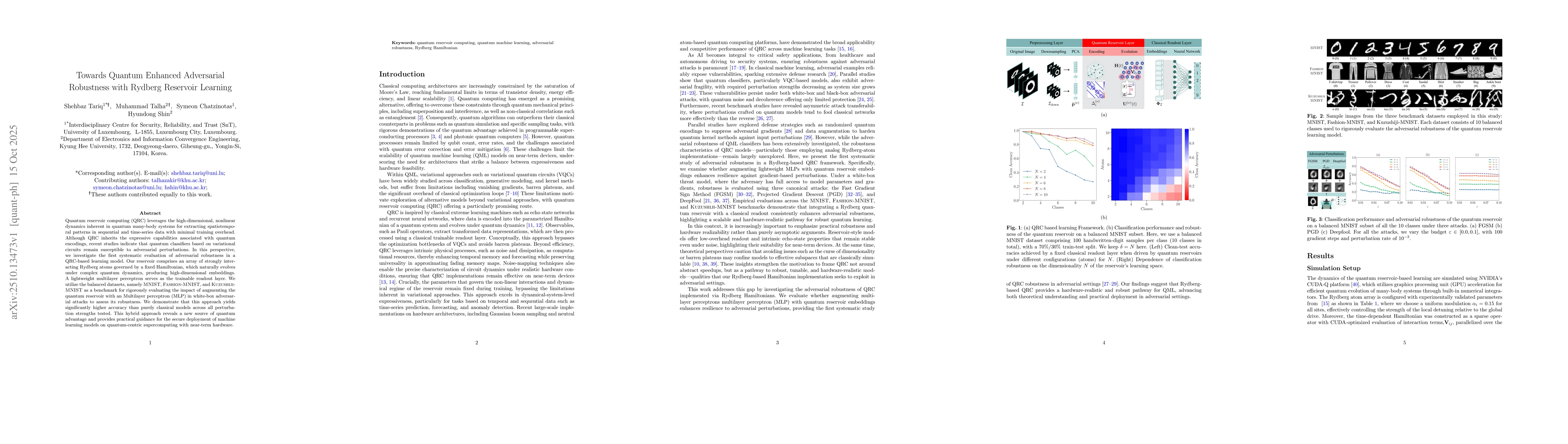 Thumbnail for Towards Quantum Enhanced Adversarial Robustness with Rydberg Reservoir
  Learnin