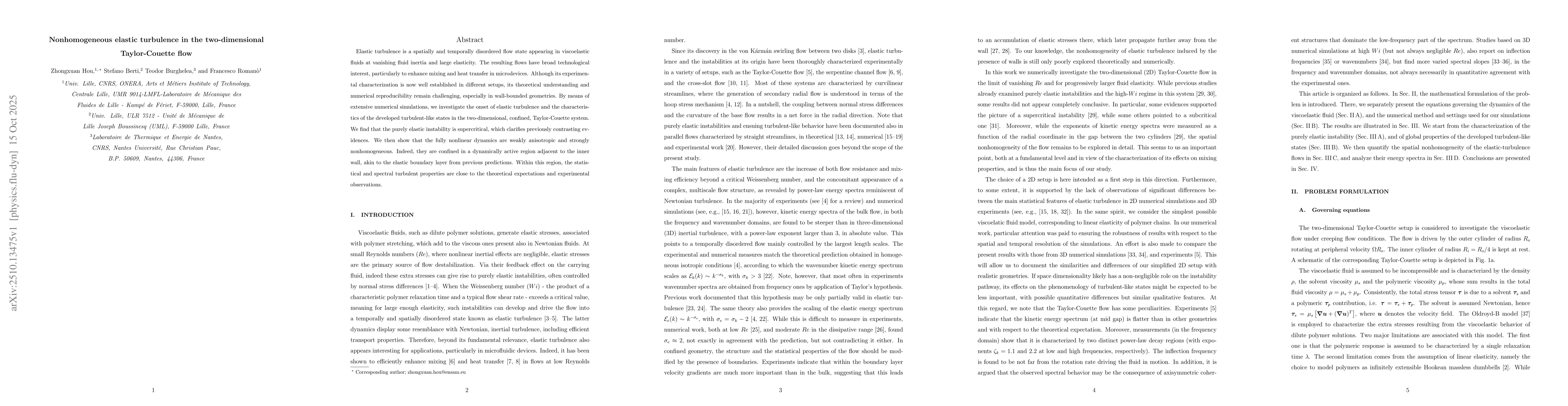 Thumbnail for Nonhomogeneous elastic turbulence in the two-dimensional Taylor-Couette
  flow