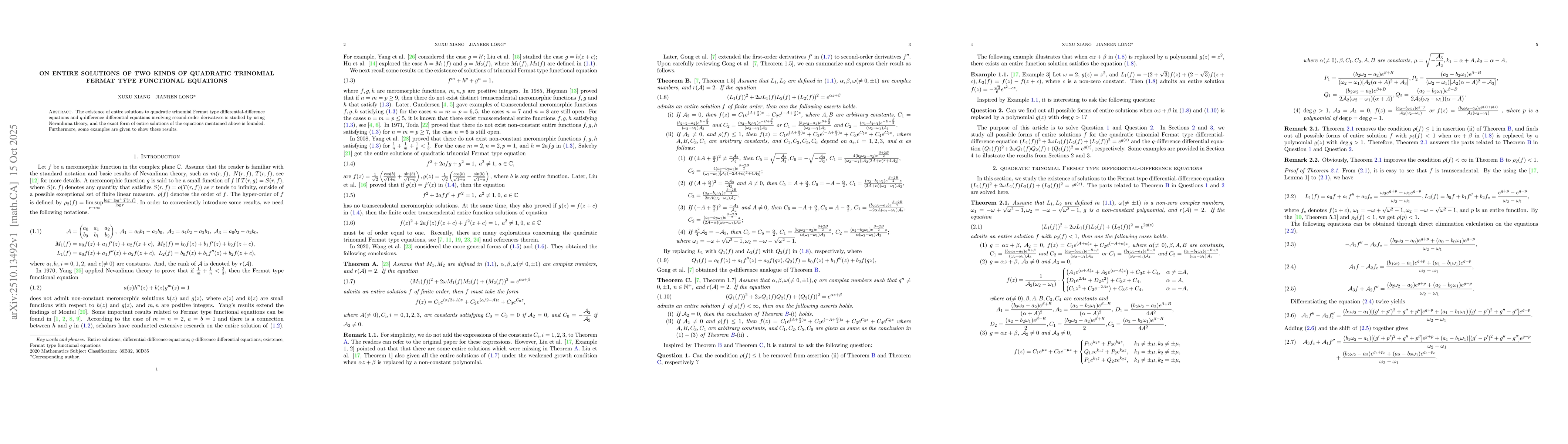 Thumbnail for On entire solutions of two kinds of quadratic trinomial Fermat type
  functional equations