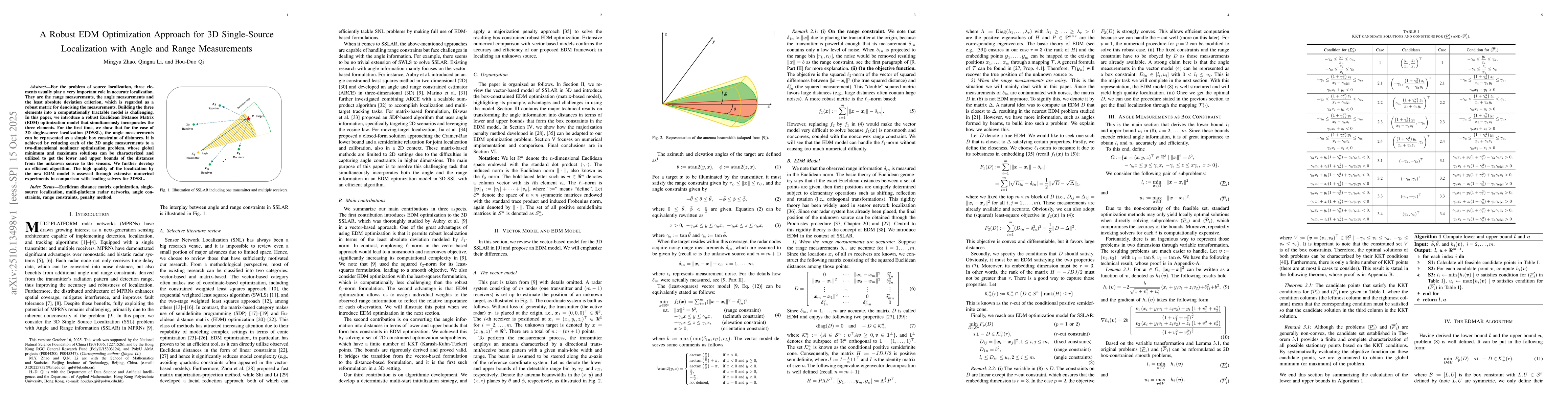 Thumbnail for A Robust EDM Optimization Approach for 3D Single-Source Localization
  with Angle and Range Measurements