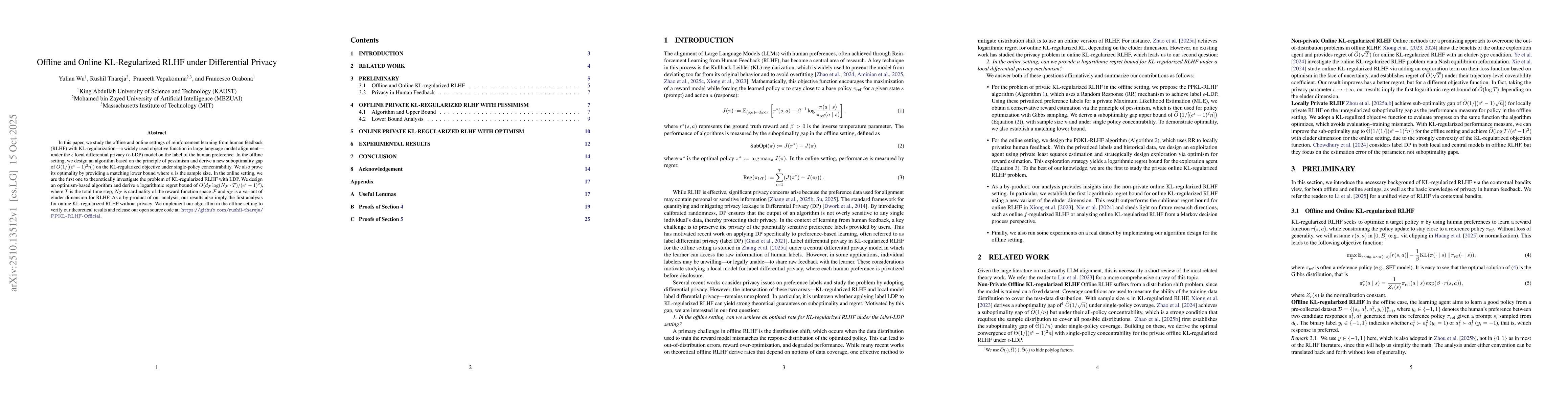 Thumbnail for Offline and Online KL-Regularized RLHF under Differential Privacy