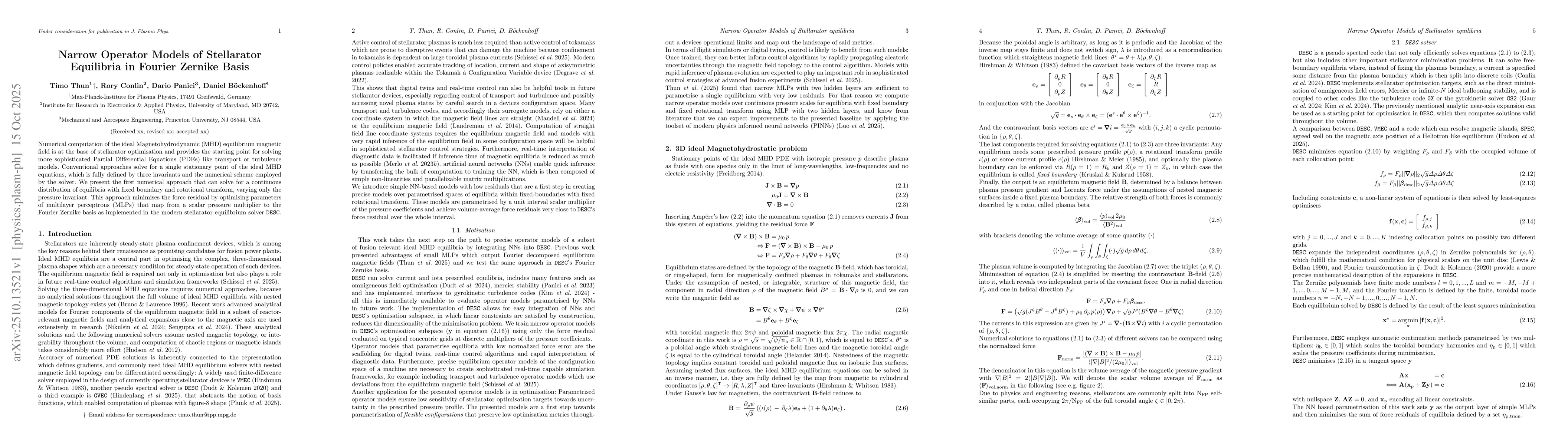 Thumbnail for Narrow Operator Models of Stellarator Equilibria in Fourier Zernike
  Basis