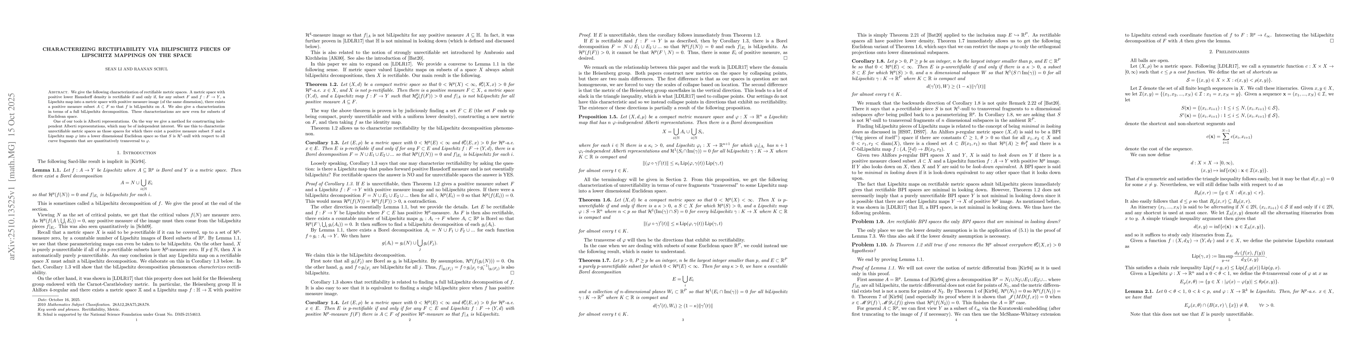 Thumbnail for Characterizing rectifiability via biLipschitz pieces of Lipschitz
  mappings on the space