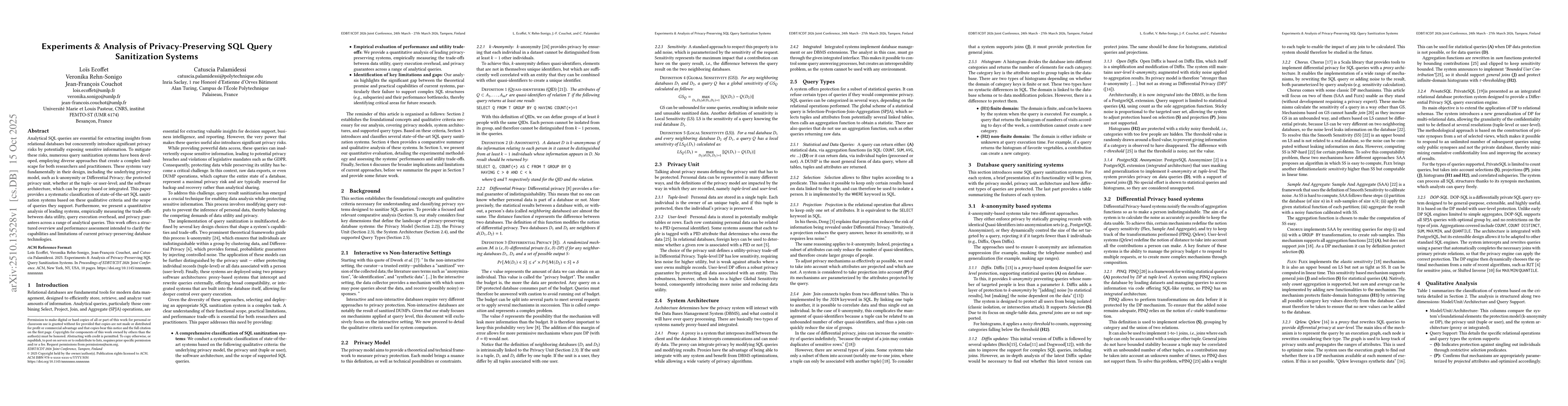 Thumbnail for Experiments \& Analysis of Privacy-Preserving SQL Query Sanitization
  Systems