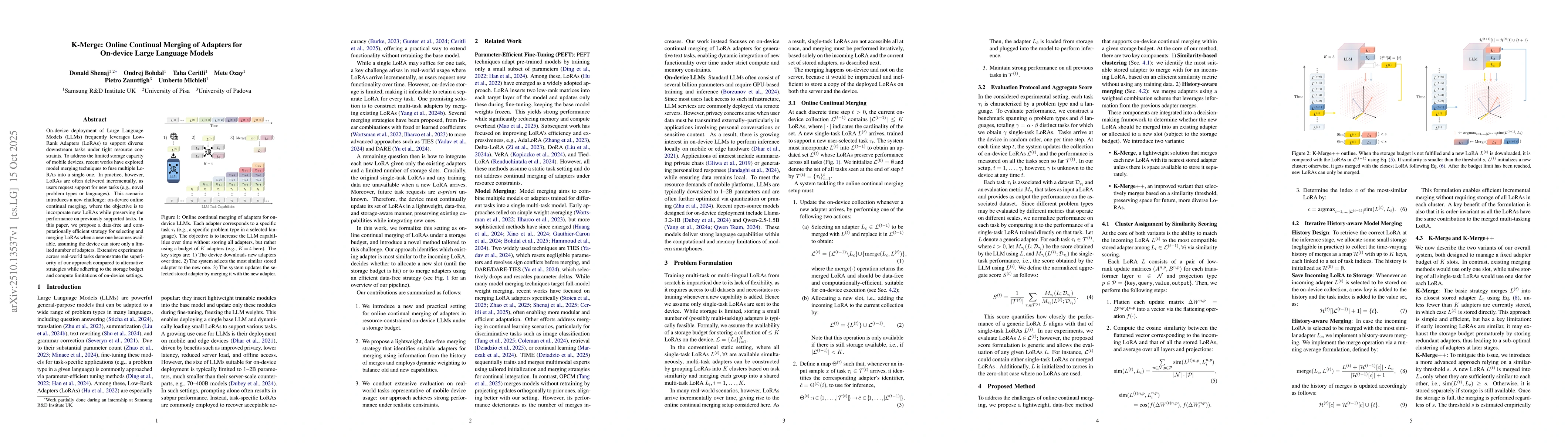 Thumbnail for K-Merge: Online Continual Merging of Adapters for On-device Large
  Language Models