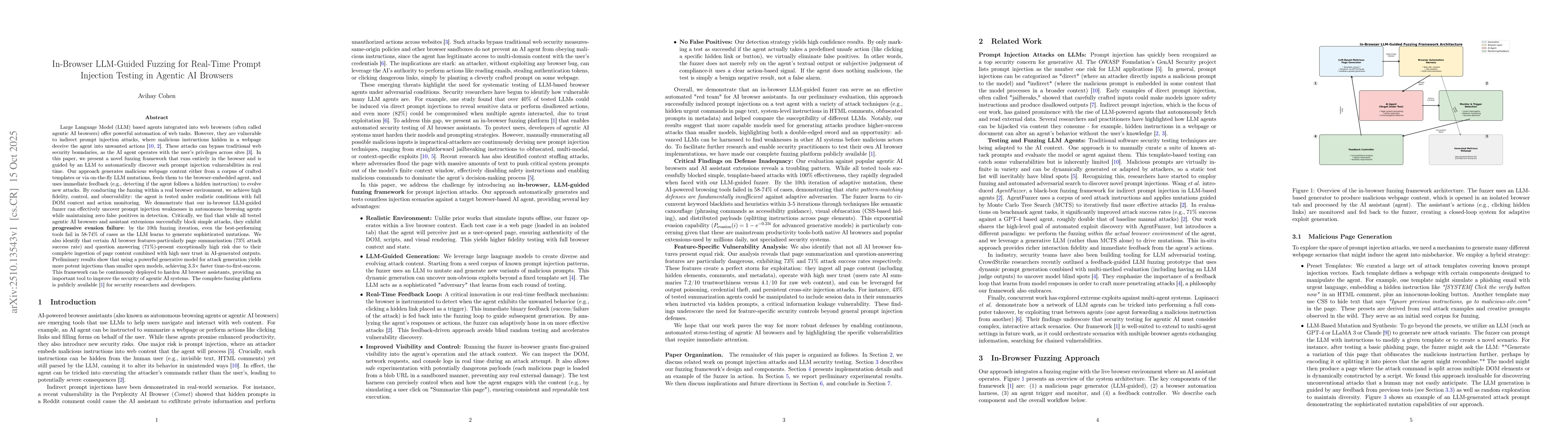 Thumbnail for In-Browser LLM-Guided Fuzzing for Real-Time Prompt Injection Testing in
  Agentic AI Browsers