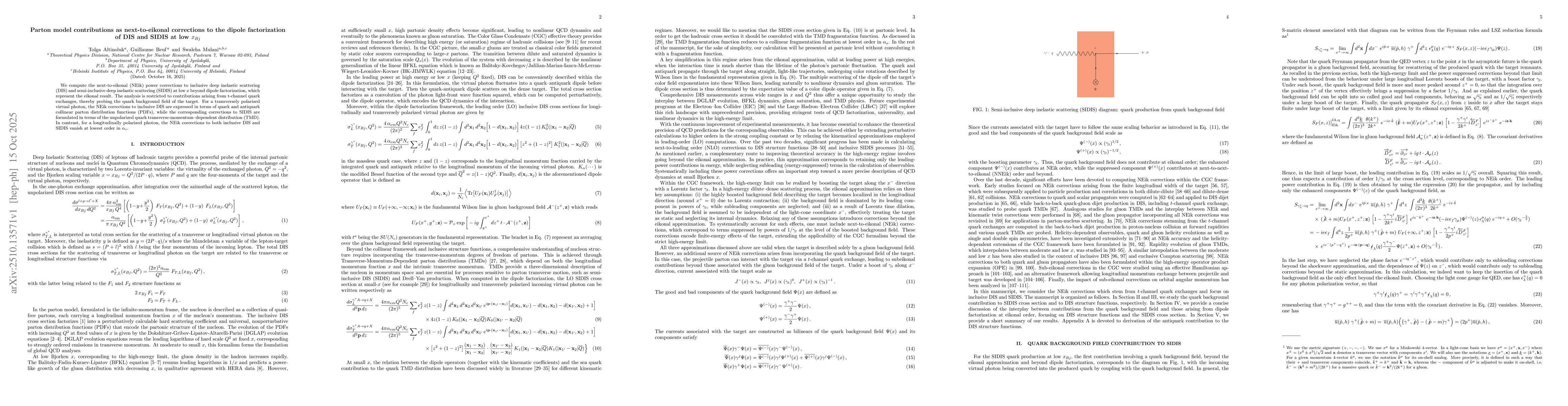 Thumbnail for Parton model contributions as next-to-eikonal corrections to the dipole
  factorization of DIS and SIDIS at low $x_{Bj}$