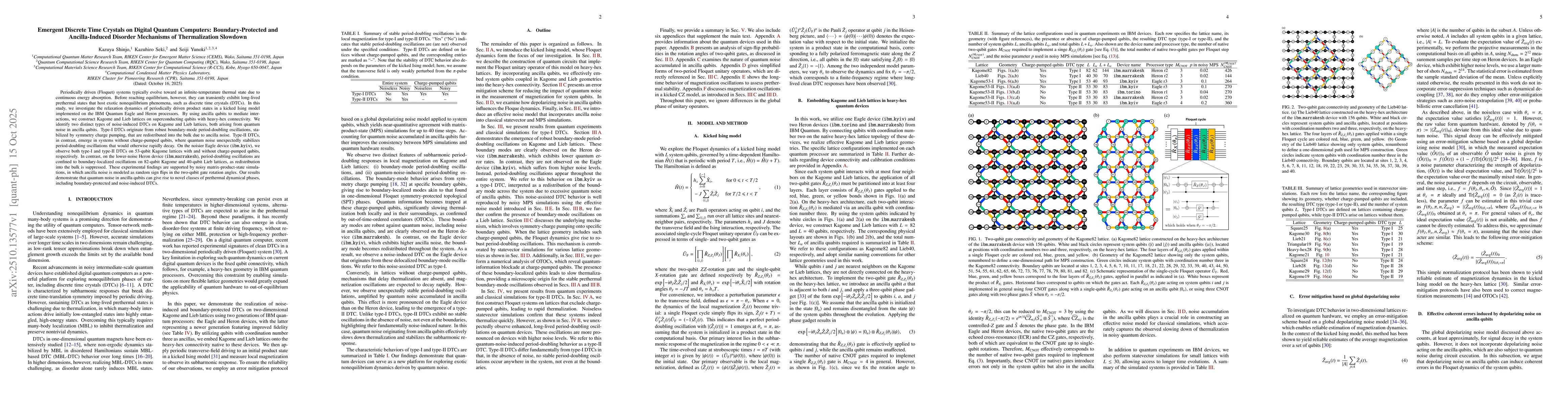 Thumbnail for Emergent Discrete Time Crystals on Digital Quantum Computers:
  Boundary-Protected and Ancilla-Induced Disorder Mechanisms of Thermalization
  Slowdown