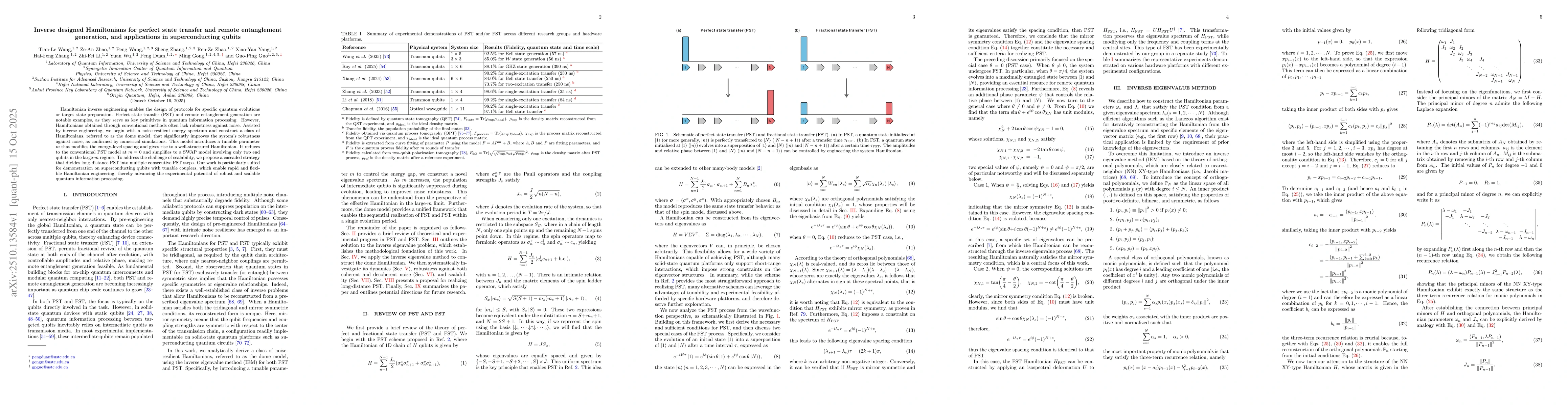 Thumbnail for Inverse designed Hamiltonians for perfect state transfer and remote
  entanglement generation, and applications in superconducting qubits