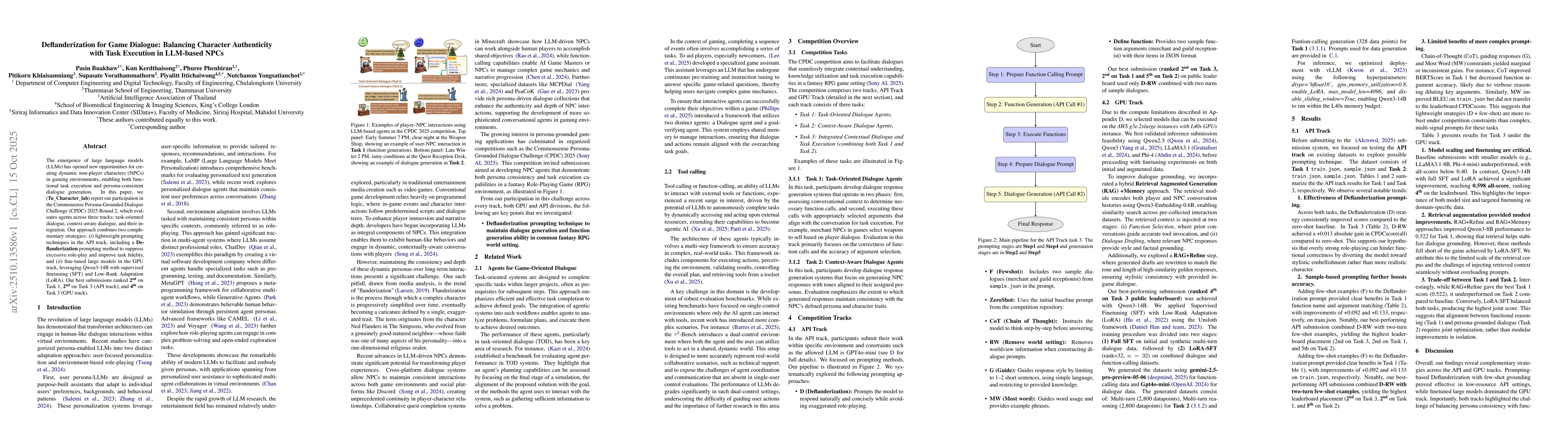Thumbnail for Deflanderization for Game Dialogue: Balancing Character Authenticity
  with Task Execution in LLM-based NPCs