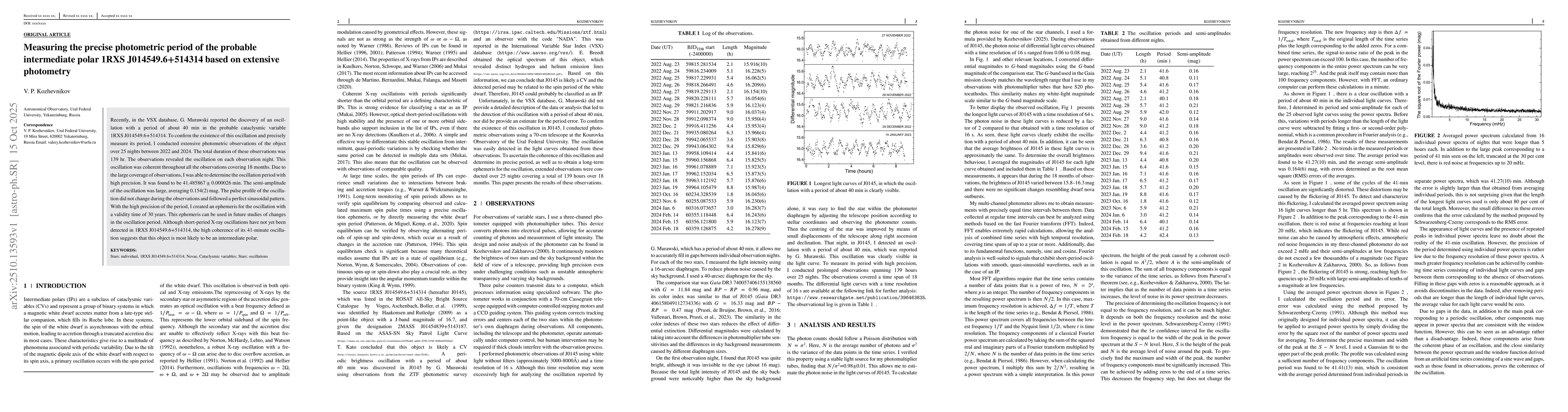 Thumbnail for Measuring the precise photometric period of the probable intermediate
  polar 1RXS J014549.6+514314 based on extensive photometry