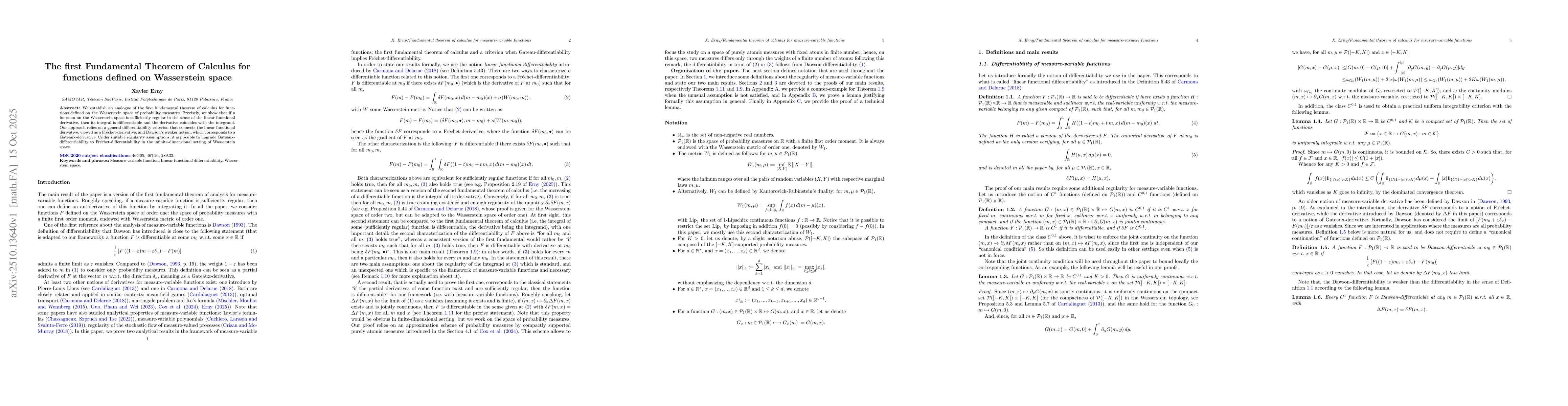 Thumbnail for The first Fundamental Theorem of Calculus for functions defined on
  Wasserstein space