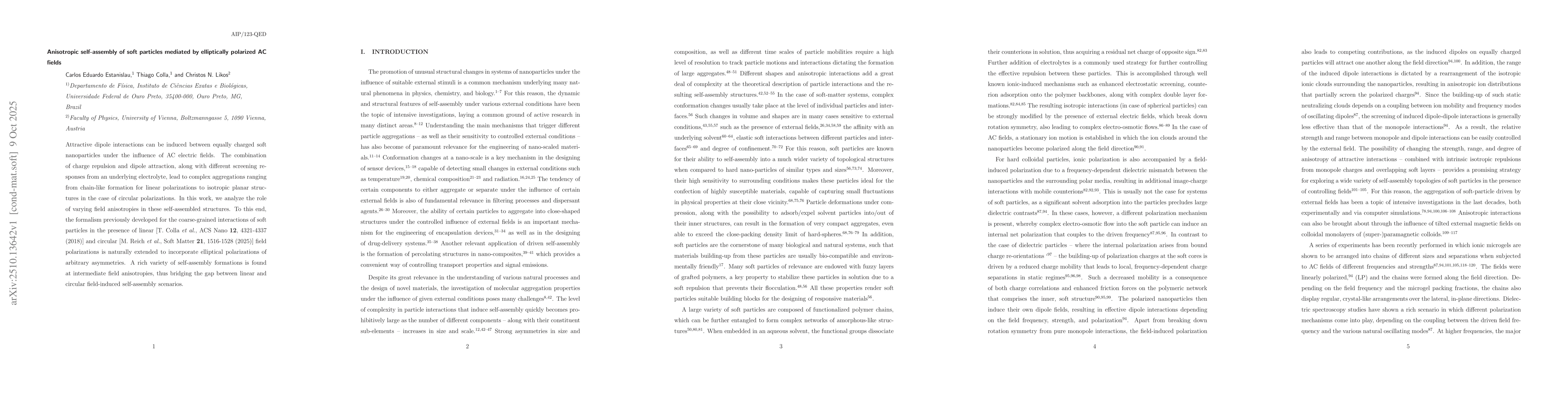 Thumbnail for Anisotropic self-assembly of soft particles mediated by elliptically
  polarized AC fields