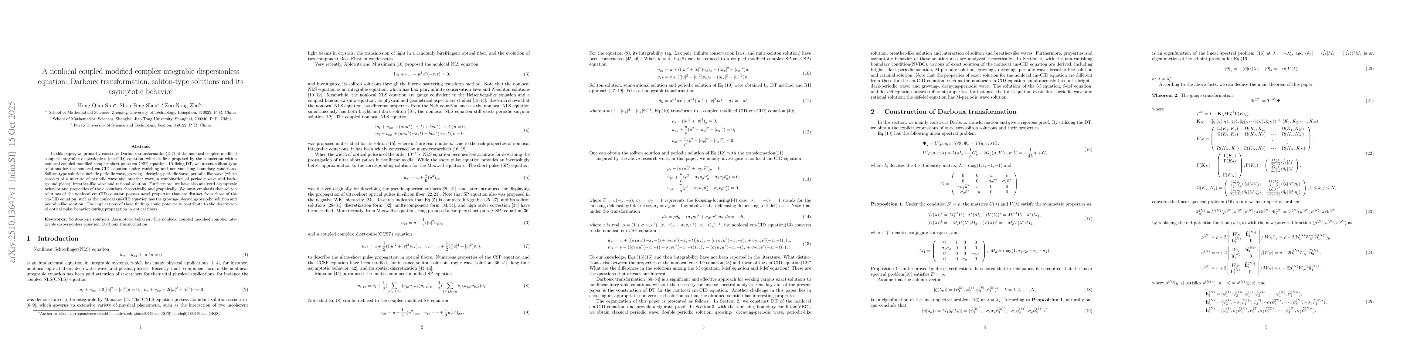 Thumbnail for A nonlocal coupled modified complex integrable dispersionless equation:
  Darboux transformation, soliton-type solutions and its asymptotic behavior