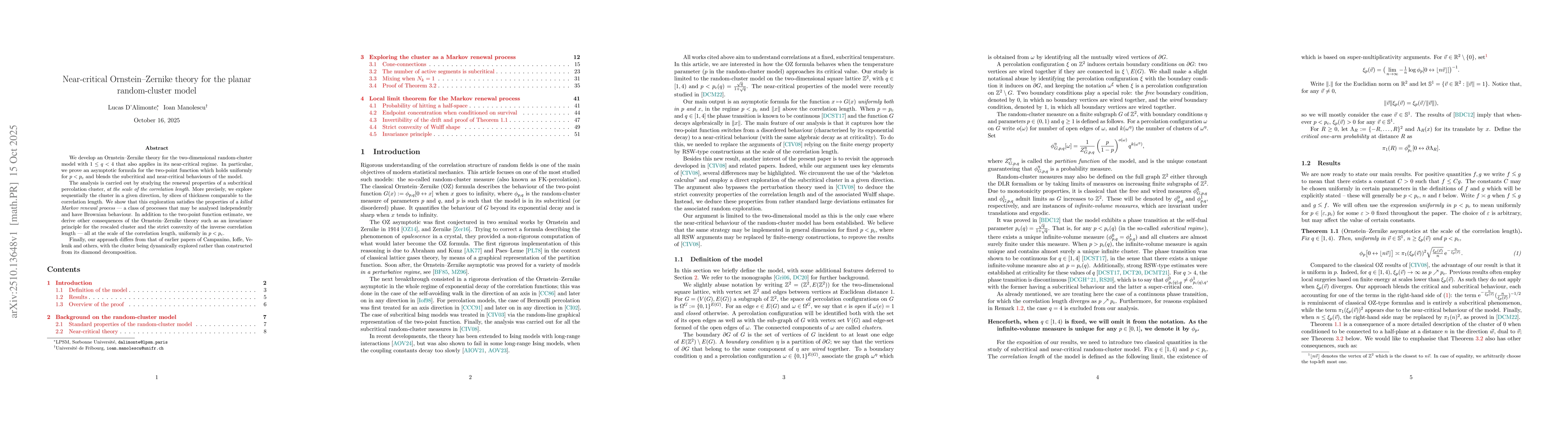 Thumbnail for Near-critical Ornstein--Zernike theory for the planar random-cluster
  model