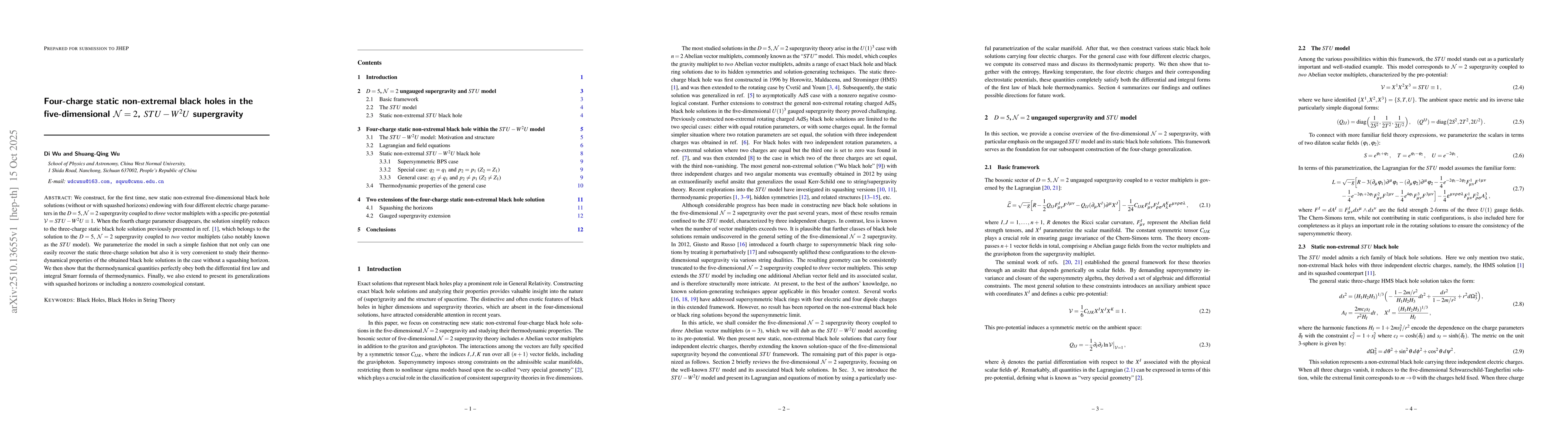 Thumbnail for Four-charge static non-extremal black holes in the five-dimensional
  $\mathcal{N}=2$, $STU-W^2U$ supergravity