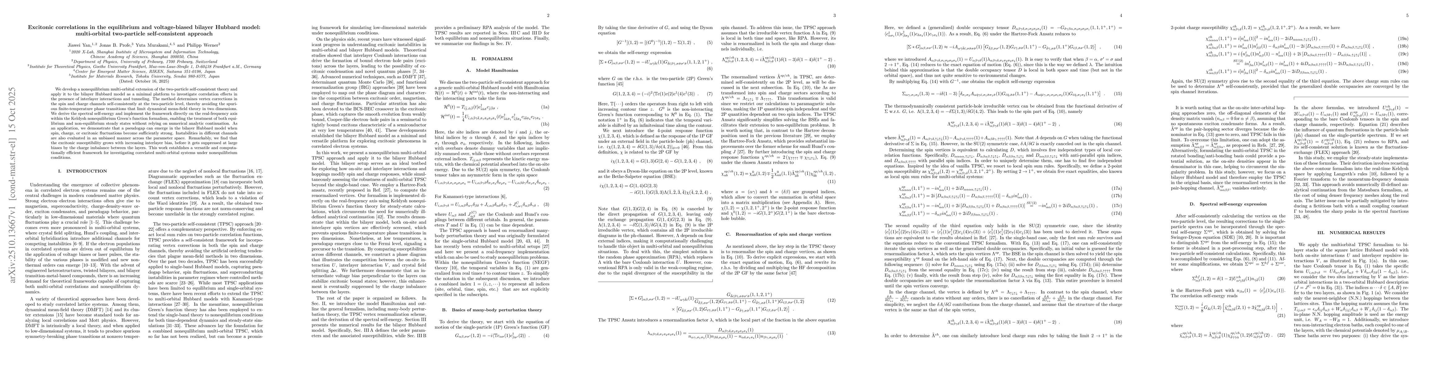 Thumbnail for Excitonic correlations in the equilibrium and voltage-biased bilayer
  Hubbard model: multi-orbital two-particle self-consistent approach