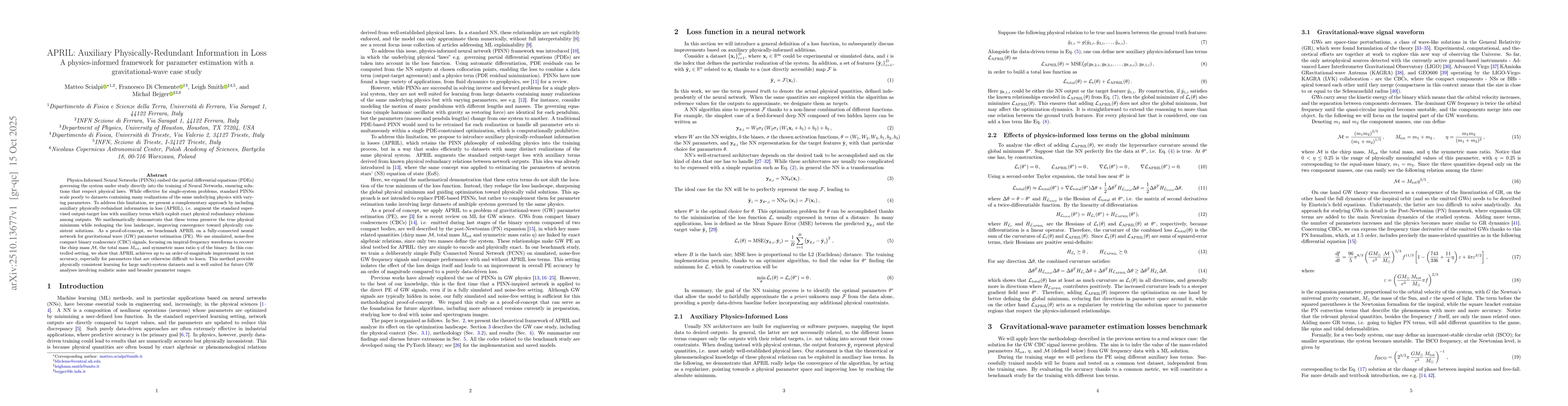 Thumbnail for APRIL: Auxiliary Physically-Redundant Information in Loss - A
  physics-informed framework for parameter estimation with a gravitational-wave
  case study