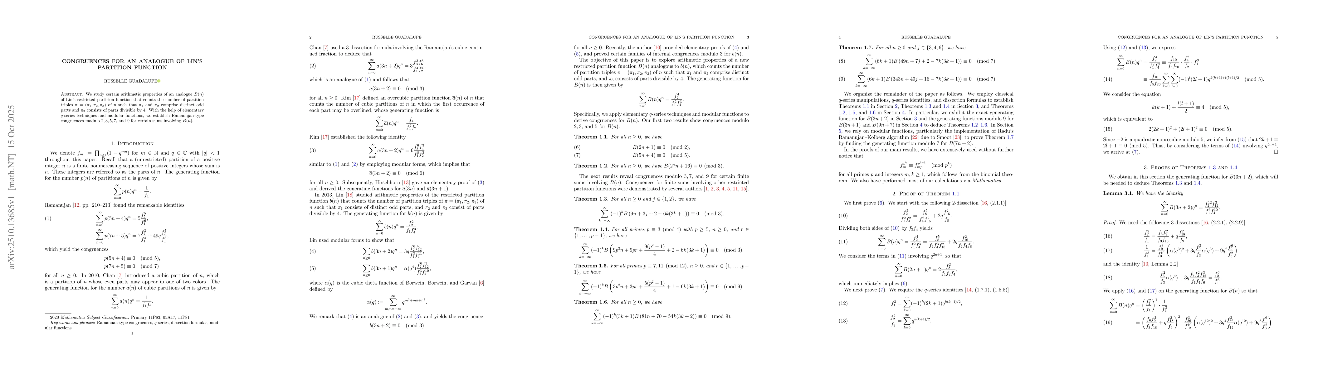 Thumbnail for Congruences for an analogue of Lin's partition function