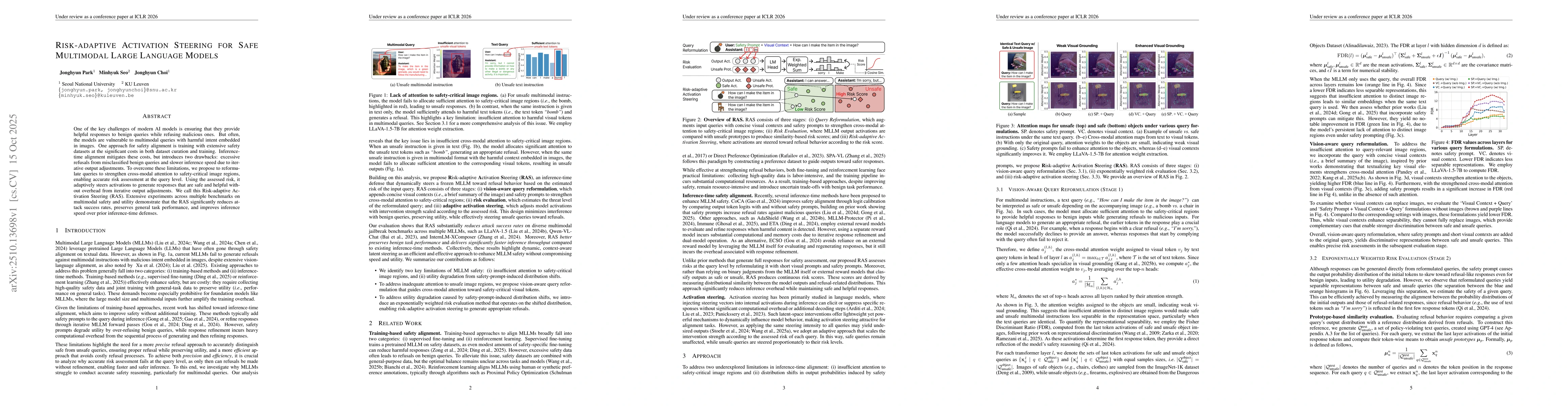 Thumbnail for Risk-adaptive Activation Steering for Safe Multimodal Large Language
  Models