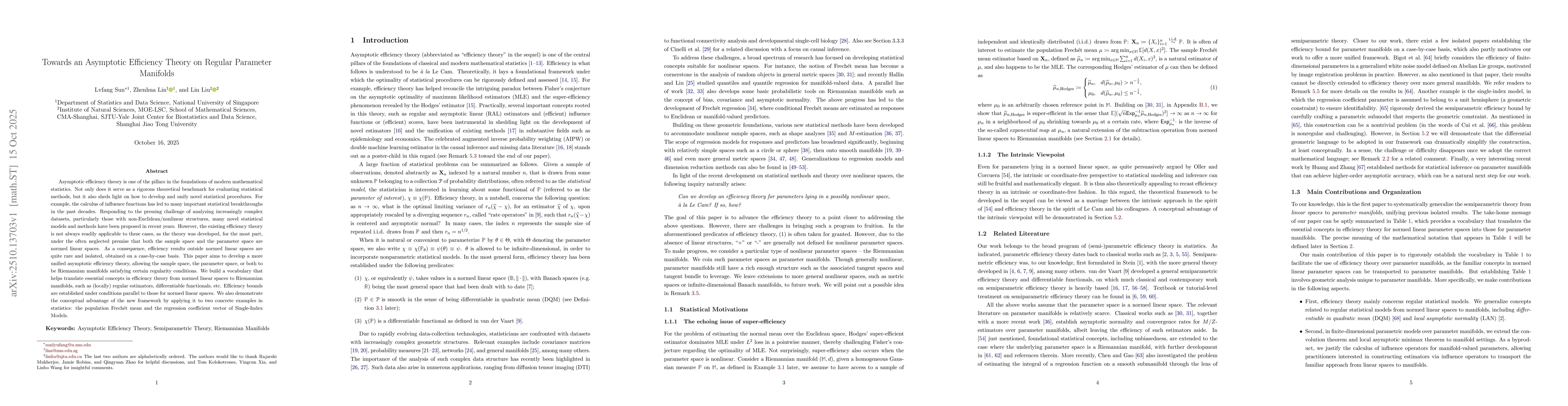 Thumbnail for Towards an Asymptotic Efficiency Theory on Regular Parameter Manifolds