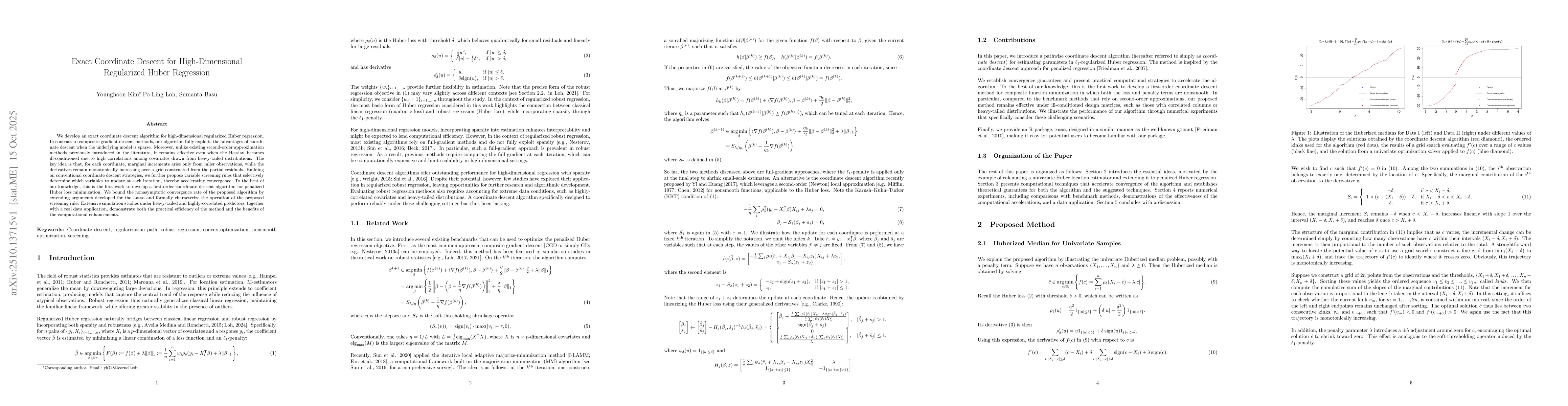Thumbnail for Exact Coordinate Descent for High-Dimensional Regularized Huber
  Regression