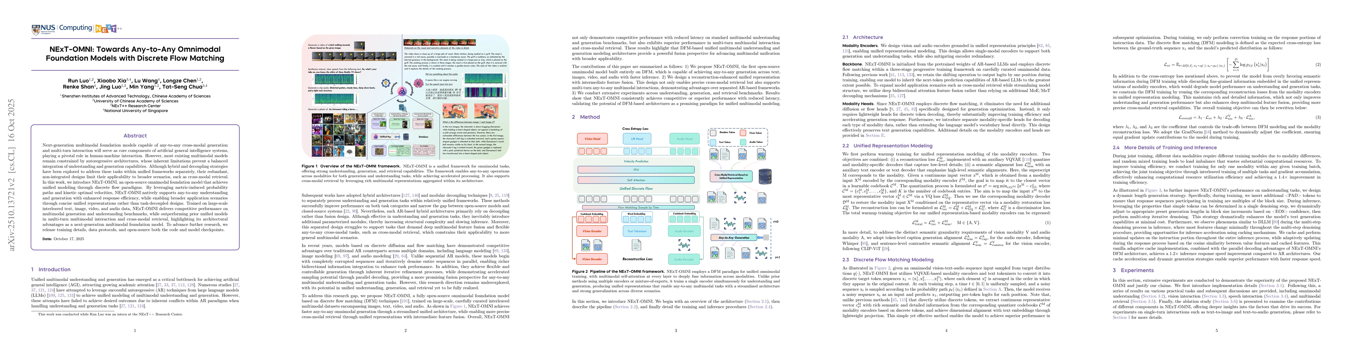 Thumbnail for NExT-OMNI: Towards Any-to-Any Omnimodal Foundation Models with Discrete
  Flow Matching