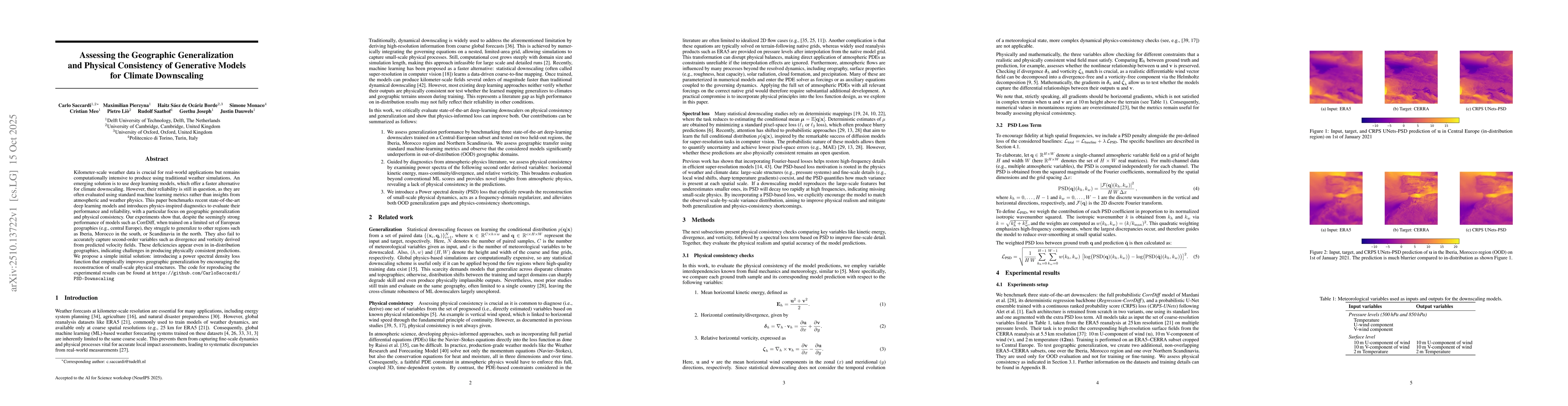 Thumbnail for Assessing the Geographic Generalization and Physical Consistency of
  Generative Models for Climate Downscaling