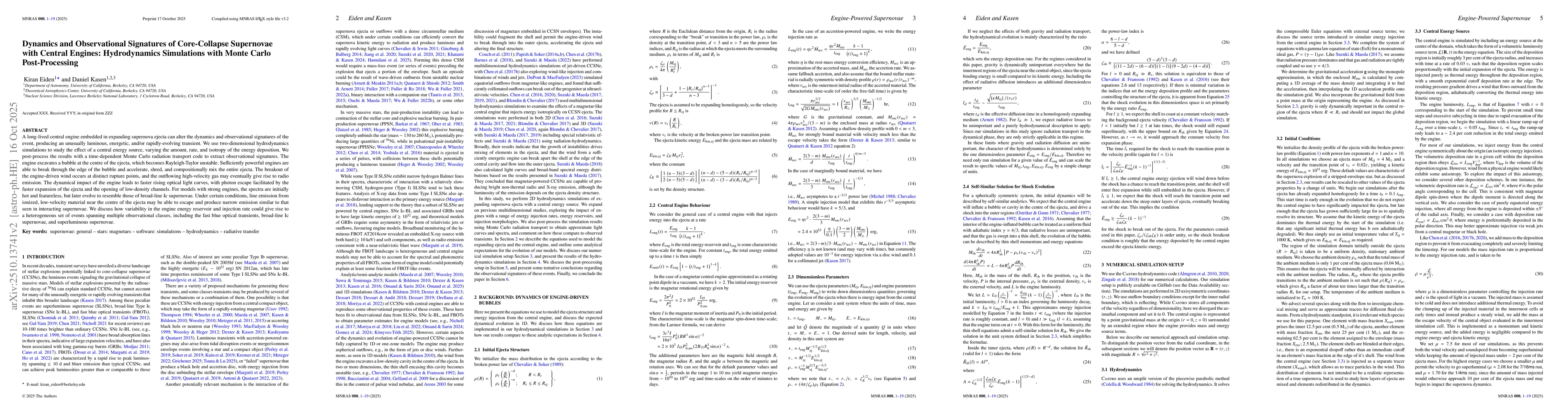 Thumbnail for Dynamics and Observational Signatures of Core-Collapse Supernovae with
  Central Engines: Hydrodynamics Simulations with Monte Carlo Post-Processing