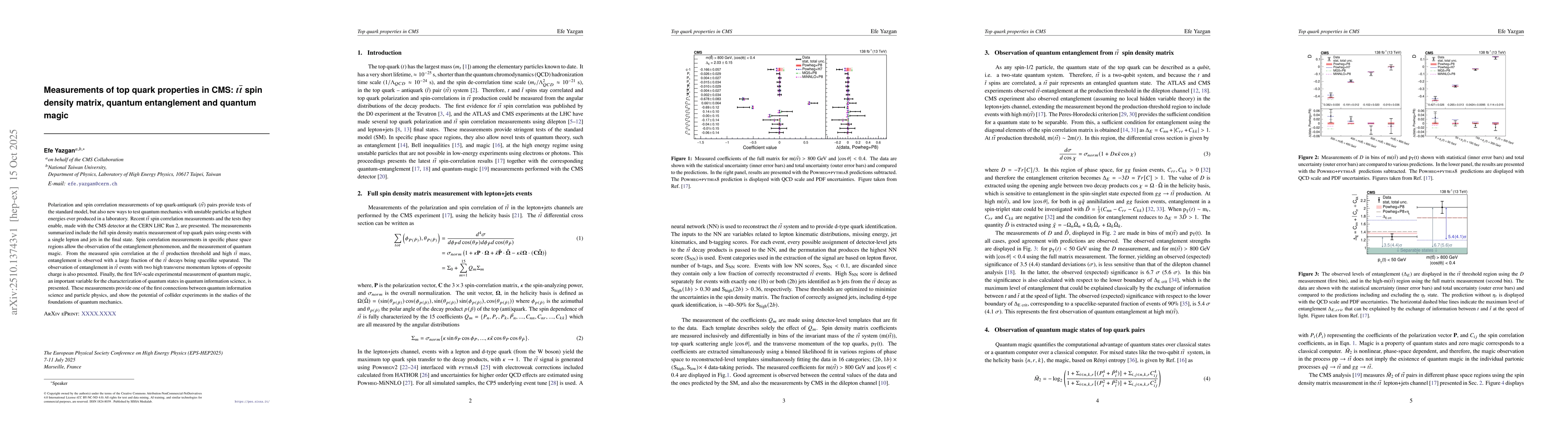 Thumbnail for Measurements of top quark properties in CMS: $t\bar{t}$ spin density
  matrix, quantum entanglement and quantum magic