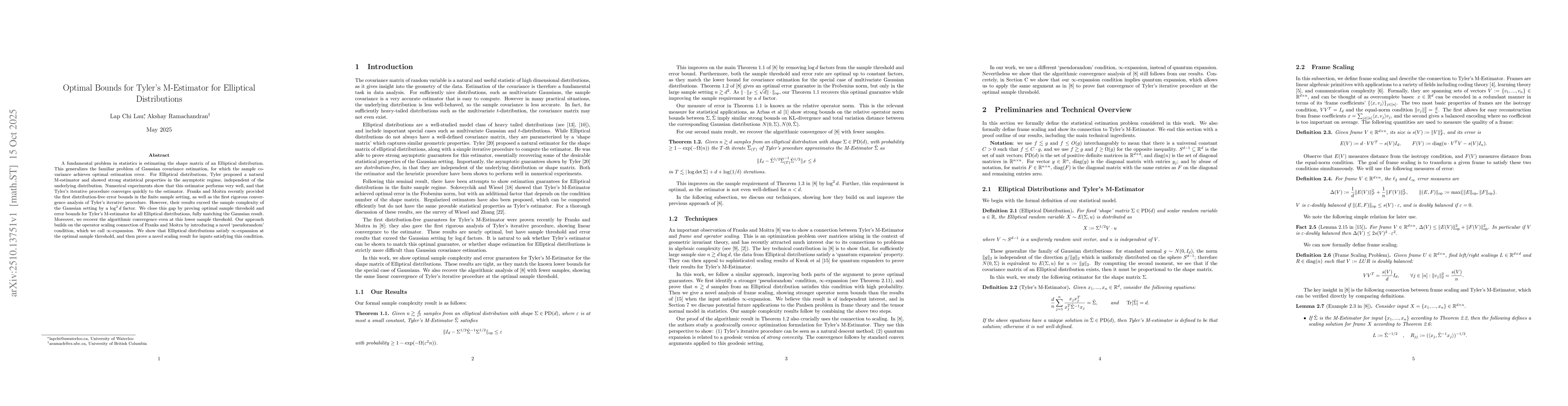Thumbnail for Optimal Bounds for Tyler's M-Estimator for Elliptical Distributions