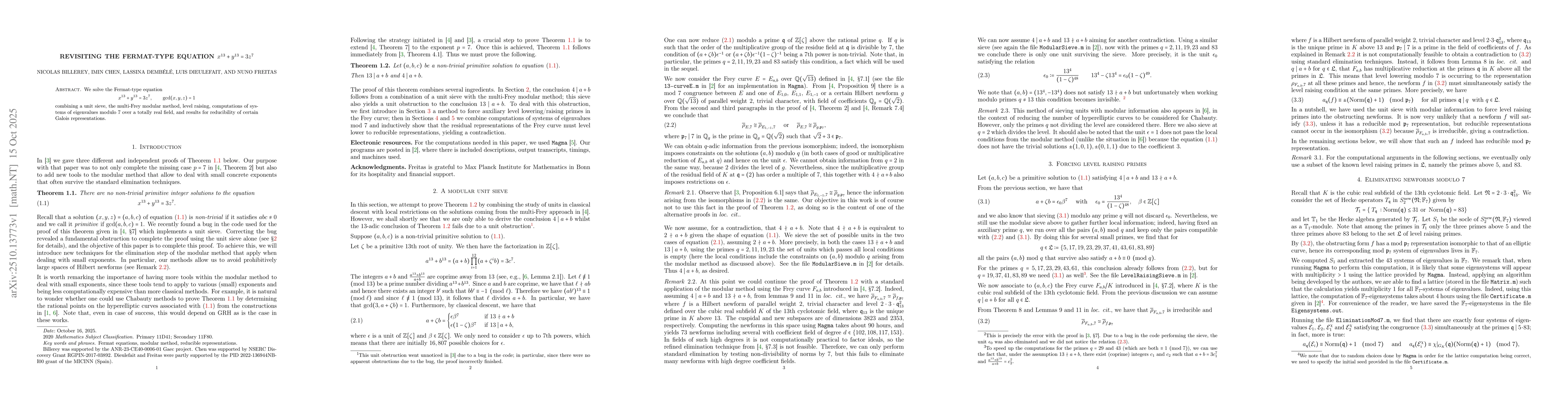 Thumbnail for Revisiting the Fermat-type equation $x^{13} + y^{13} = 3z^7$