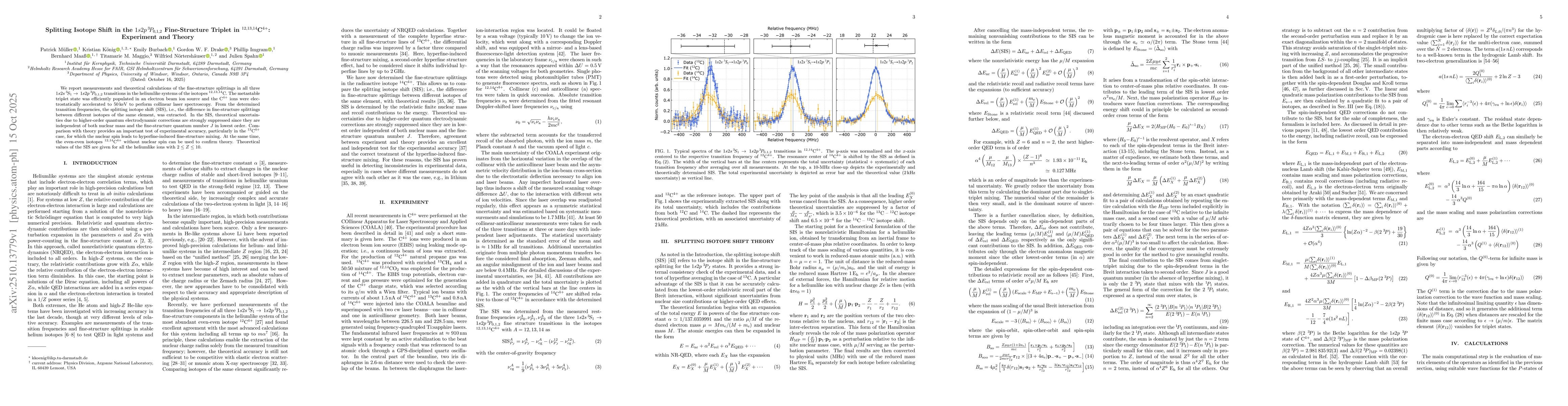 Thumbnail for Splitting Isotope Shift in the $1s2p\,^3\!P_{0,1,2}$ Fine-Structure
  Triplet in $^{12,13,14}$C$^{4+}$: Experiment and Theory