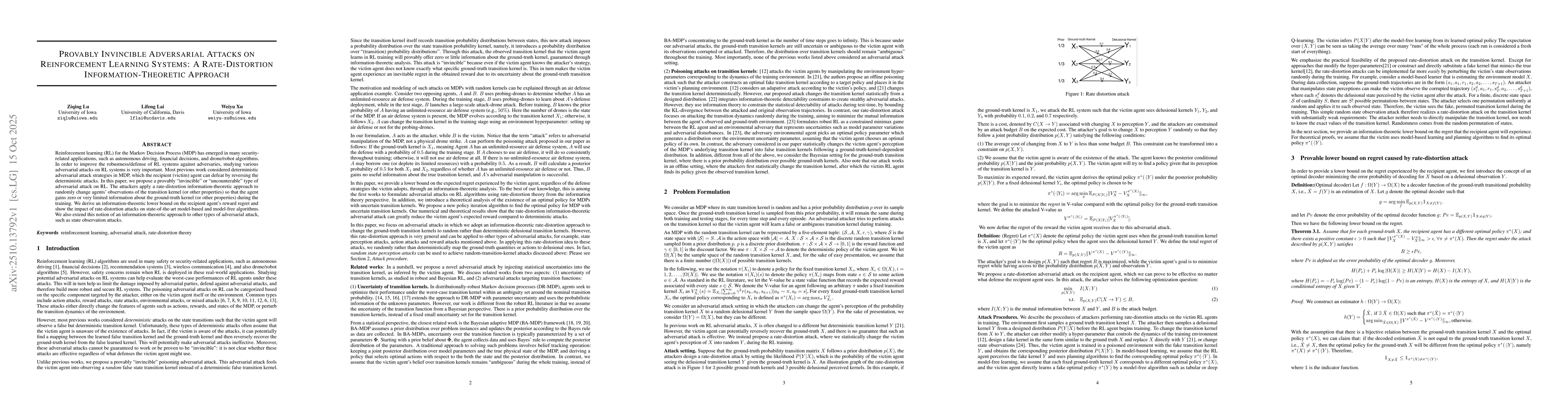 Thumbnail for Provably Invincible Adversarial Attacks on Reinforcement Learning
  Systems: A Rate-Distortion Information-Theoretic Approach