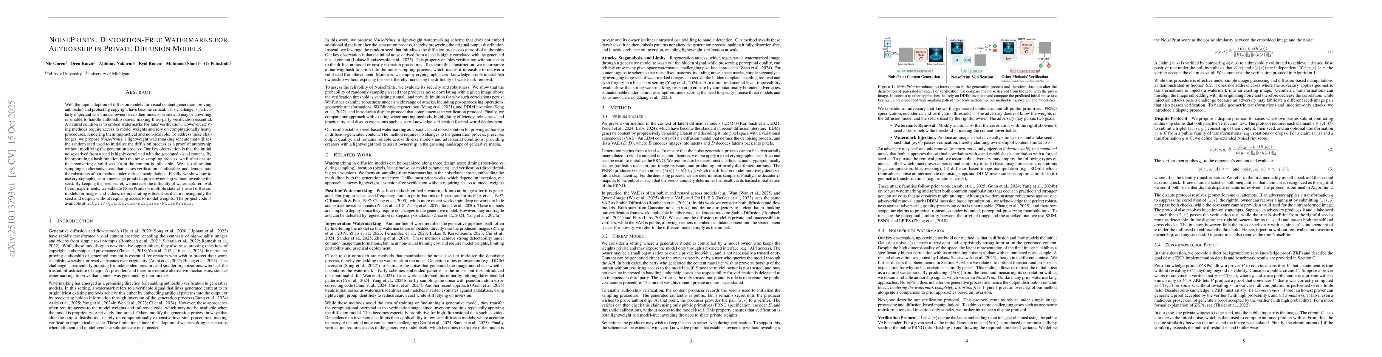 Thumbnail for NoisePrints: Distortion-Free Watermarks for Authorship in Private
  Diffusion Models