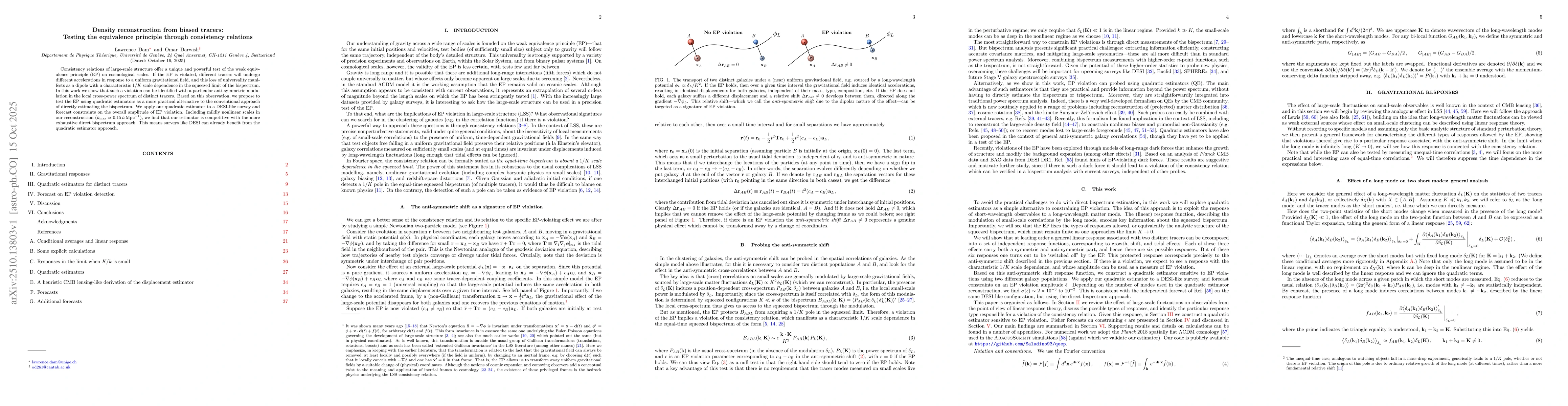 Thumbnail for Density reconstruction from biased tracers: Testing the equivalence
  principle through consistency relations