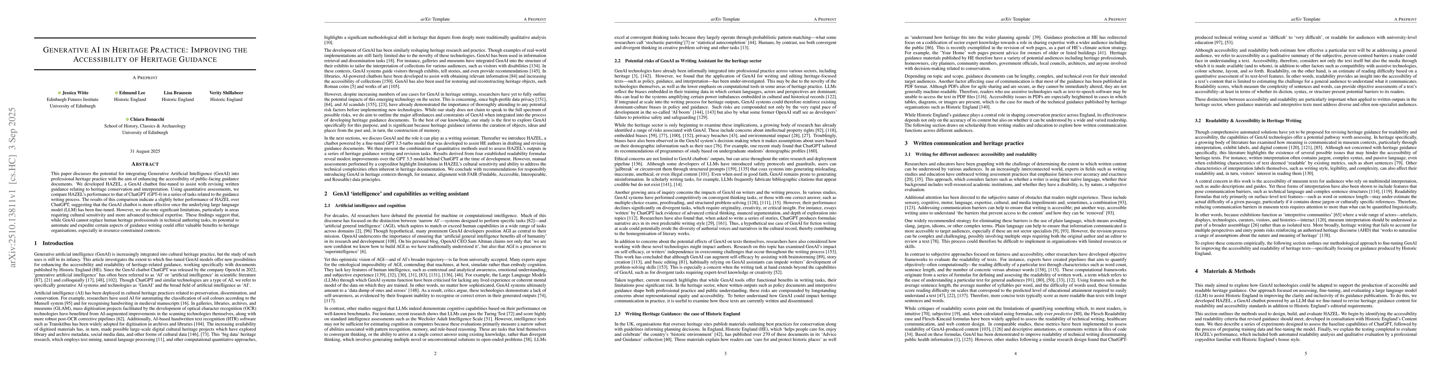 Thumbnail for Generative AI in Heritage Practice: Improving the Accessibility of
  Heritage Guidance