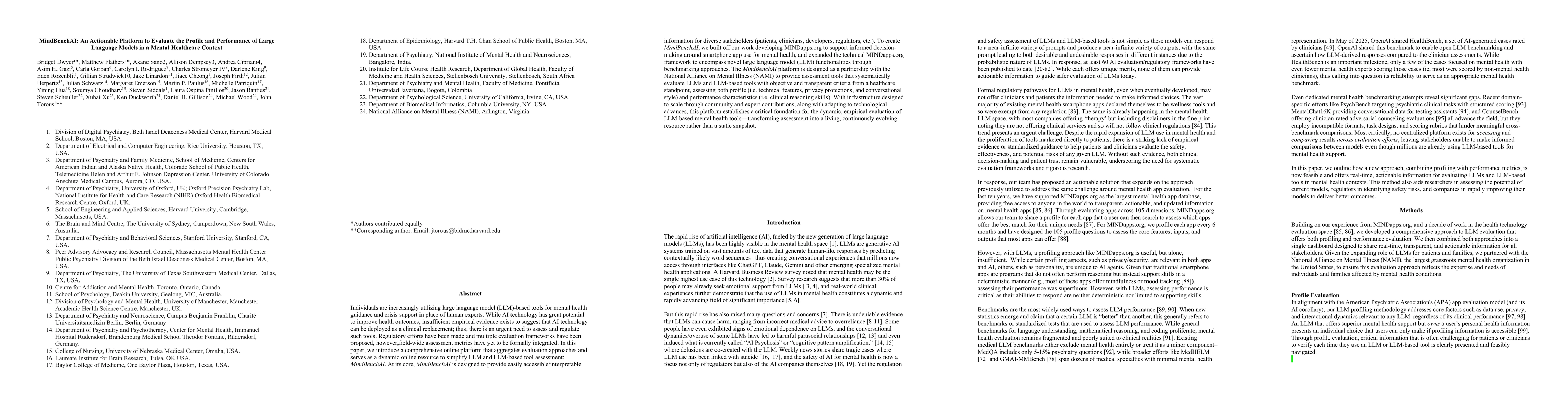 Thumbnail for MindBenchAI: An Actionable Platform to Evaluate the Profile and
  Performance of Large Language Models in a Mental Healthcare Context