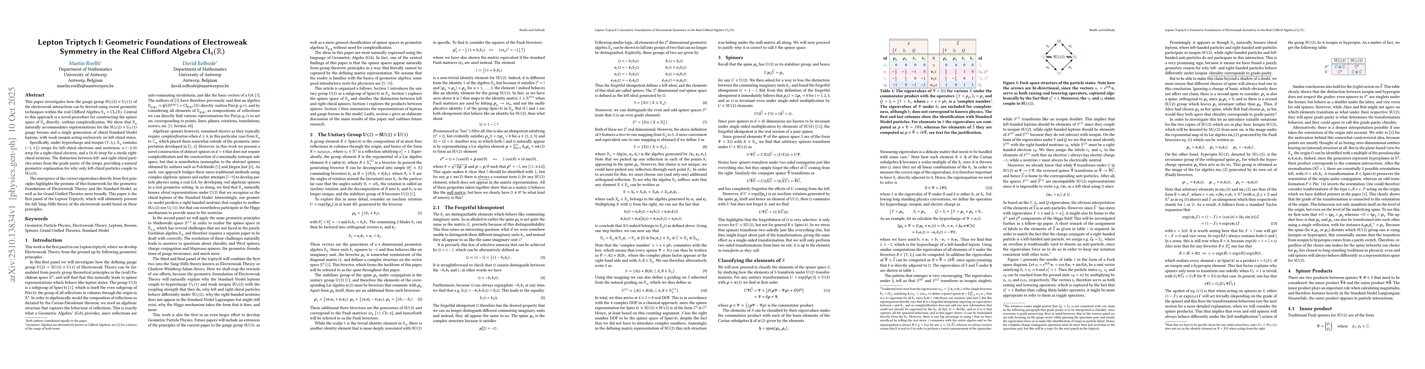 Thumbnail for Lepton Triptych I: Geometric Foundations of Electroweak Symmetry in the
  Real Clifford Algebra $\text{Cl}_4(\mathbb{R})$